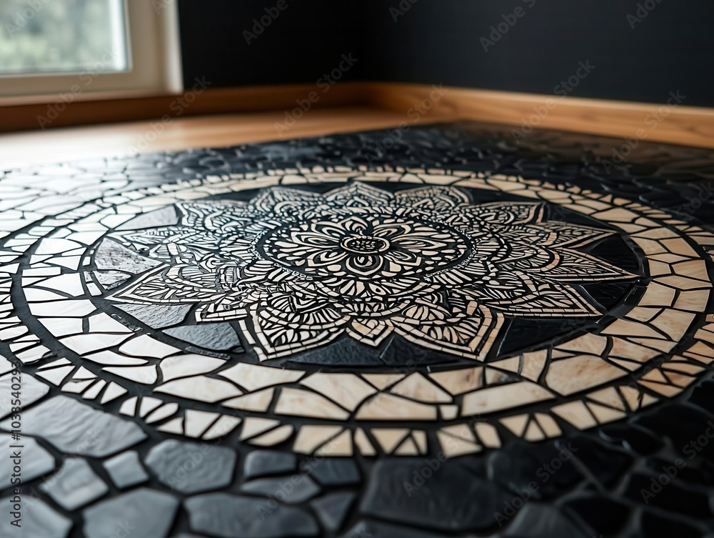Aufkleber a close-up view of an intricately designed mosaic floor featuring a mandala pattern with black and w
