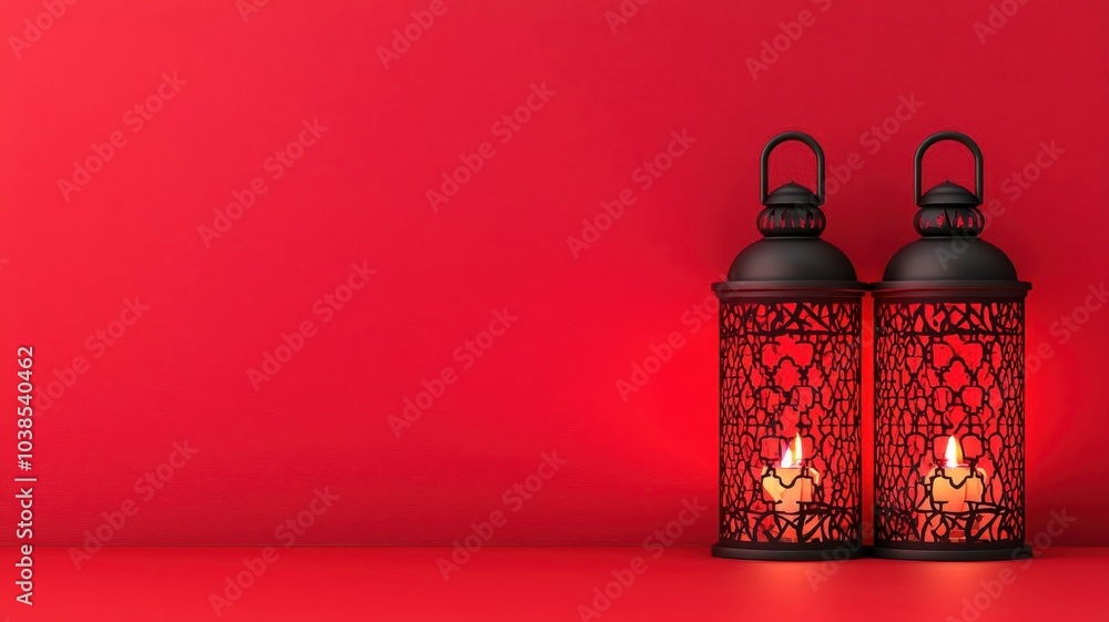 Poster two ornate lanterns glow softly against a vibrant red background, creating a warm and inviting atmos