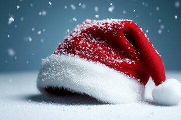 A classic red Santa Claus hat covered in snowflakes rests on a pristine white snowy surface, evoking warmth and festive winter holiday spirit.