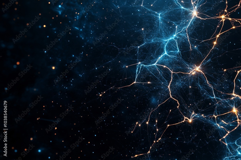 Poster an abstract digital image showing a network of glowing lines and dots against a starry background, r