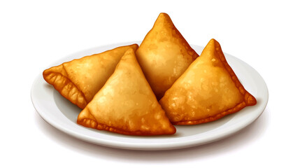 Four golden brown samosas on a white plate.