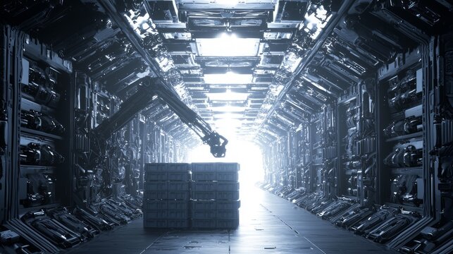Futuristic Sci-Fi Spaceship Cargo Bay with Alien Artifacts and Robotic Arm Unloading Under Bright Lights - Ultra-Detailed Ray Tracing Illustration