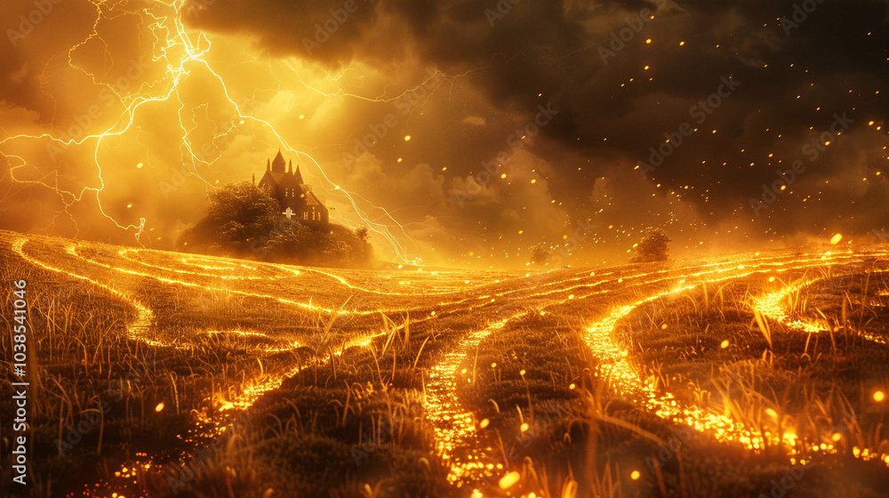 Poster a glowing medieval landscape with intricate, electrified patterns running across a golden field. bri