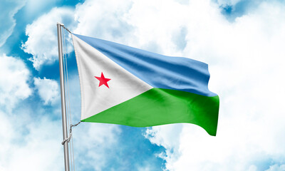 Djibouti flag waving on sky background. 3D Rendering