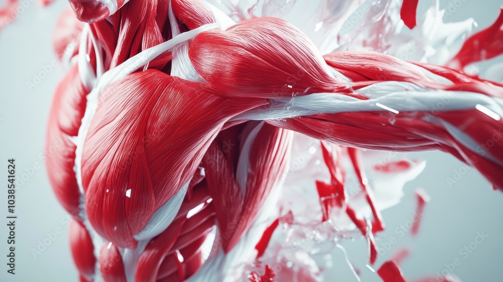 Poster this visual features a striking red and white muscle detail, highlighting the complexity and beauty 