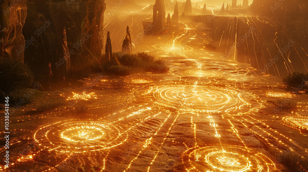 Poster a glowing medieval landscape with intricate, electrified patterns running across a golden field. bri
