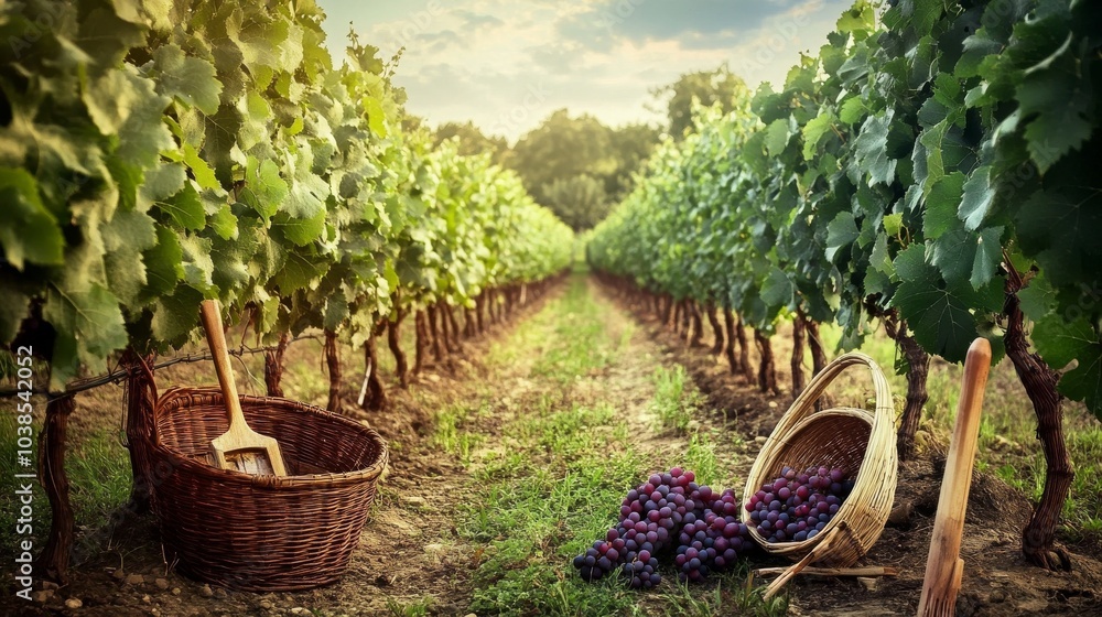 Aufkleber a serene vineyard with neatly aligned rows of grapevines, viticulture tools and harvest baskets set 