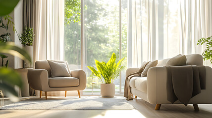 A bright living room with soft, comfortable furniture, a cozy sofa and armchairs, large windows draped with transparent curtains allowing natural light to fill the room, modern and stylish decor, warm