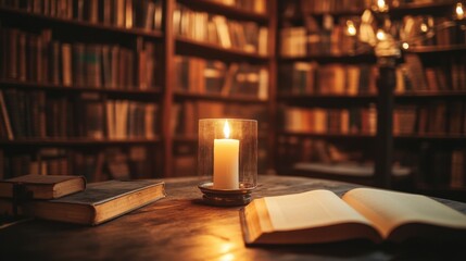 Warm candlelight glowing on an empty table surrounded by the rich textures of a library filled with books and history.