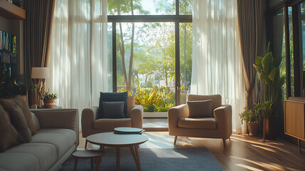 A bright living room with soft, comfortable furniture, a cozy sofa and armchairs, large windows draped with transparent curtains allowing natural light to fill the room, modern and stylish decor, warm