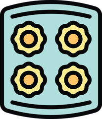 This vector illustration features a baking tray with four uncooked cookies, ready to be placed in the oven for a sweet treat