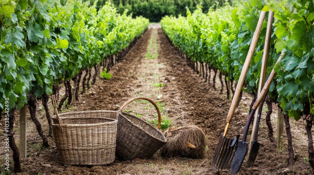 Aufkleber a serene vineyard with neatly aligned rows of grapevines, viticulture tools and harvest baskets set 