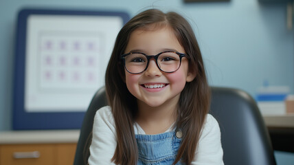 A child wearing glasses sitting in the ophthalmologist’s office, smiling, the eye chart visible in the background, bright and clean medical environment, warm lighting creating a friendly and welcoming