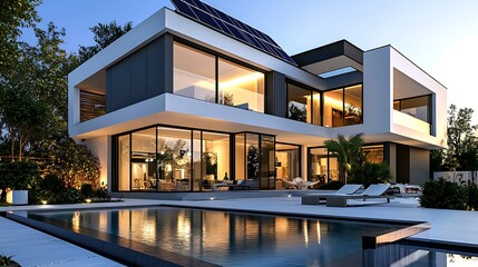 Fototapeta premium Modern Luxury Home with Swimming Pool and Solar Panels