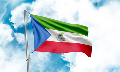 Equatorial Guinea flag waving on sky background. 3D Rendering