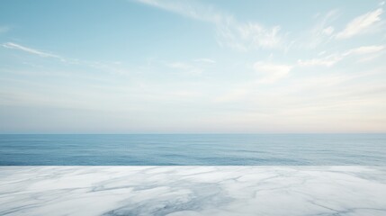White marble table top with a breathtaking sea view, perfect for displaying products or designs.
