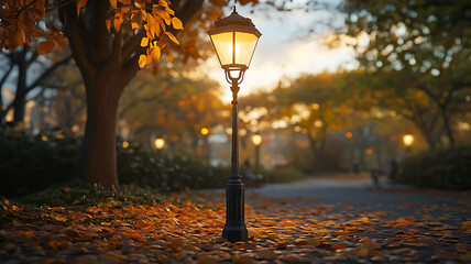 A classic street lamp in a park at dusk, surrounded by autumn leaves on the ground, its warm light creating a cozy and peaceful vibe.