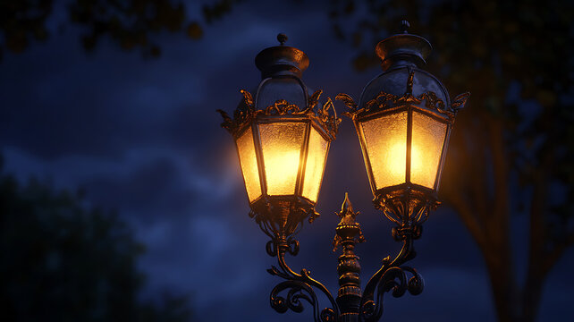 A close-up of an ornate street lamp with intricate metalwork, glowing softly in the night against a dark sky, elegant and timeless.