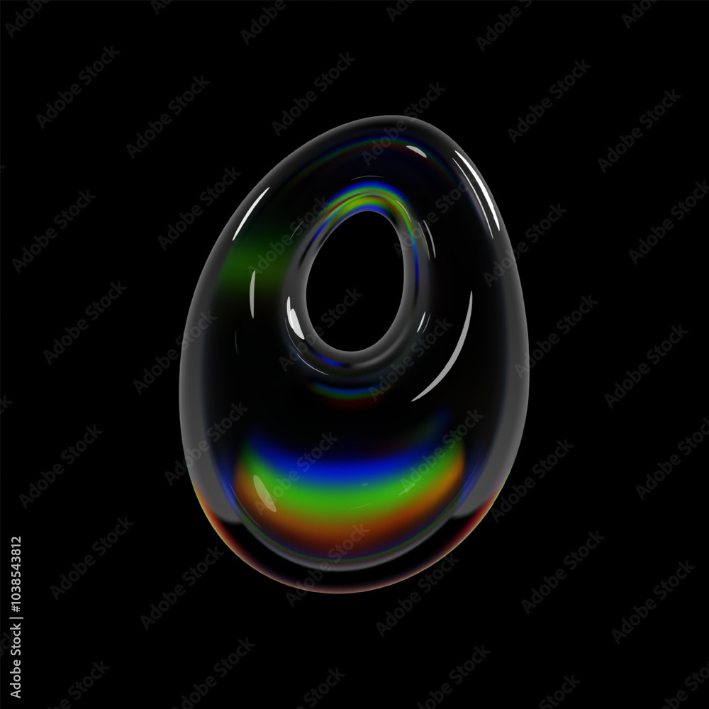 Poster number 0, 3d holographic glass zero number sign. balloon bubble inflated shape isolated with rainbow