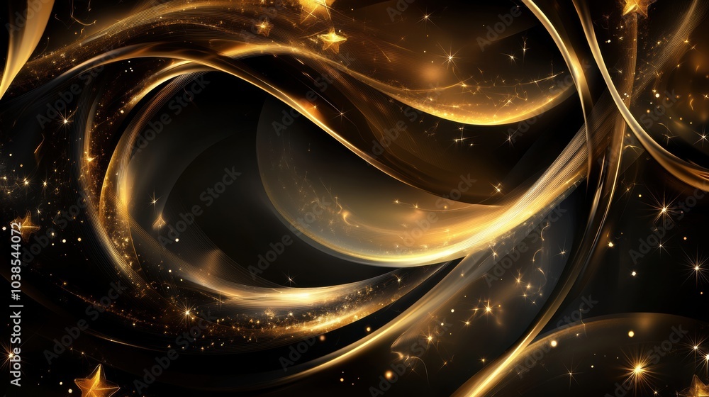 Poster intricate golden spirals and sparkling stars blend seamlessly on a dark backdrop, evoking a festive 