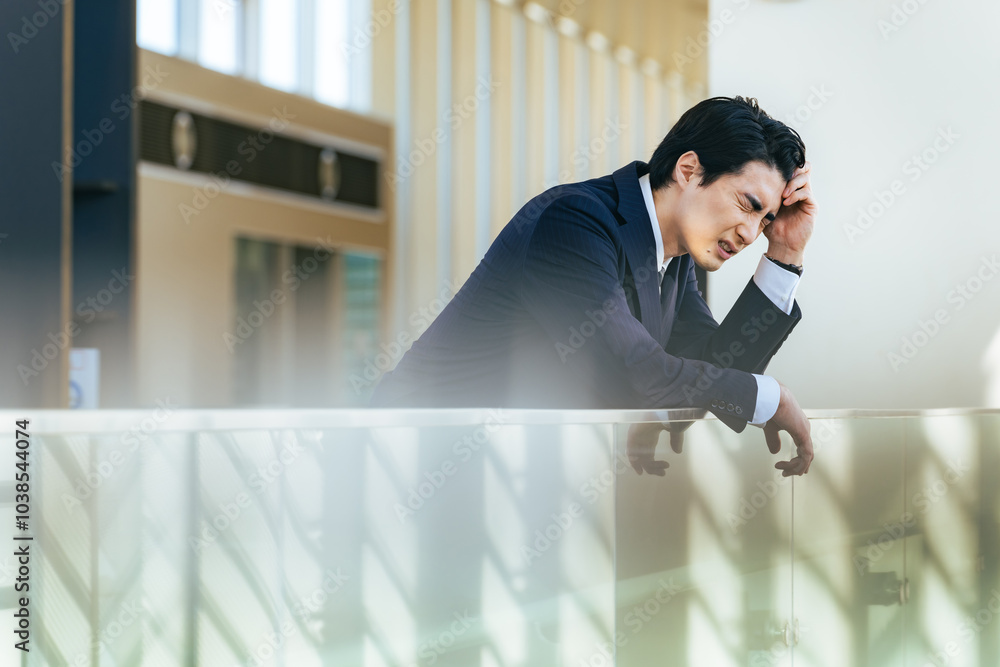 Fototapete 男性、ビジネスパーソン、ビジネスマン、落ち込む、がっかり、疲労、過労、疲れ、ストレス、転職、仕事、ビジネス、ショック、悩む、失敗、後悔、残念、困る、トラブル、問題、プレッシャー、緊張、迷う、コピースペース、広告、就職、企業、会社員、サラリーマン、不満、考える、悩み、疑問、心配、不安、課題、憂うつ、フラストレーション、ネガティブ、日本人、倒産、辛い、苦しい、苦労、人材、人手不足、経営者、オフィス、悔