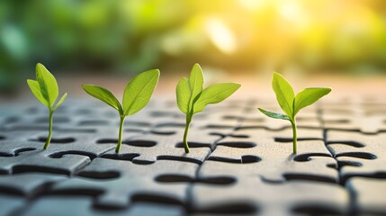 Sustainable of green economic growth illustrated by the plant growth on the puzzle pieces, in the blurred nature background and shiny morning light.