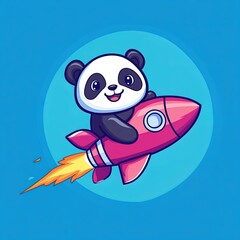 Fototapeta premium Happy panda flying with rocket cartoon illustration
