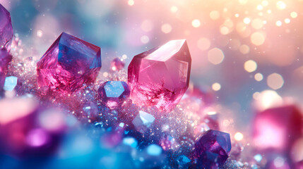 Fototapeta premium Pink and blue crystals sparkle in the light, with a soft, blurred background.