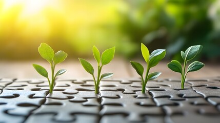 Sustainable of green economic growth illustrated by the plant growth on the puzzle pieces, in the blurred nature background and shiny morning light.