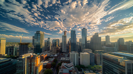 Obraz premium Sunset over the city skyline showcasing skyscrapers and buildings in New York, with a beautiful sky and urban landscape