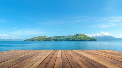 Fototapeta premium Wooden table surface with a scenic view of the sea and island, blue sky stretching above, perfect for summer-themed displays.