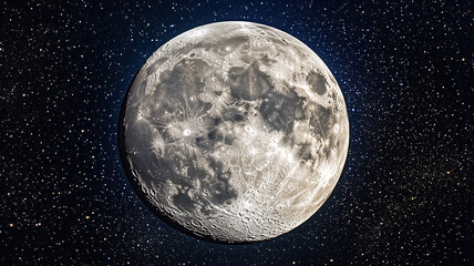 Fototapeta premium Bright full moon with visible craters, dominating the clear starry sky, surrounded by sparkling stars, detailed texture of the moon’s surface standing out, serene and vast night sky, photorealism.