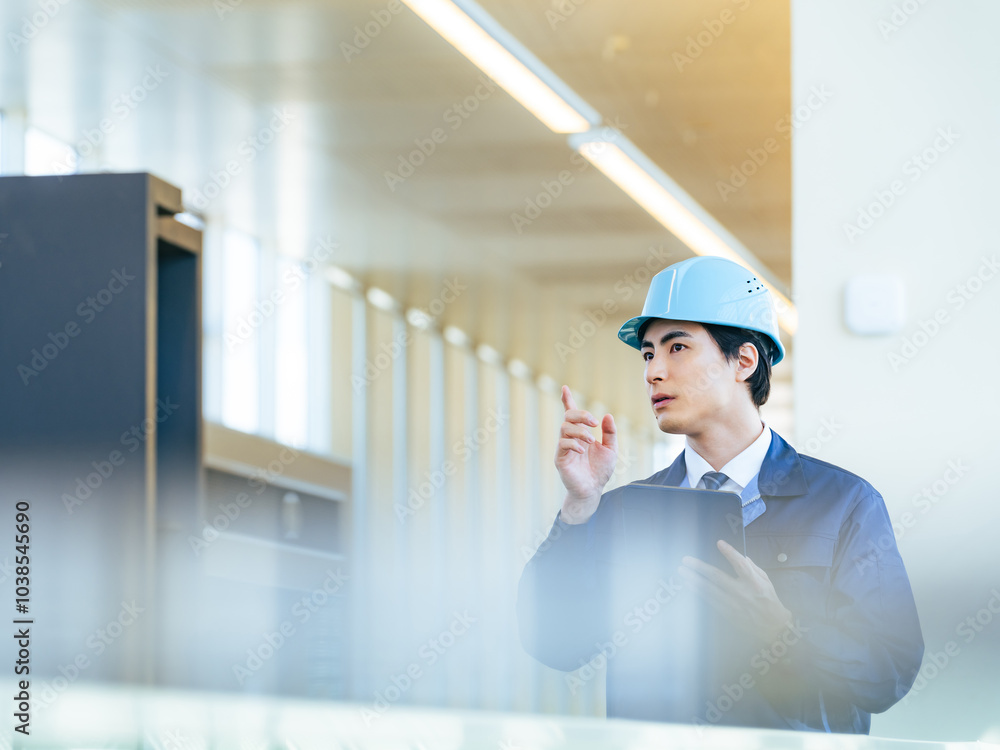 Poster 建設、DX、工場、産業、男性、日本人、IIoT、点検、チェック、検査、タブレット、PC、メンテナンス、技術者、エンジニア、確認、耐震、工事、テクノロジー、テック、老朽化、経年劣化、壁面、内装、インテリア、ビル、ビルメン、安全、防災、人材、作業員、建築、設計、デジタル、データ、システム、指さし、修理、修繕、仕事、コピースペース、管理、見積もり、業務、プロセス、デベロッパー、インフラ、ICT、IT、人