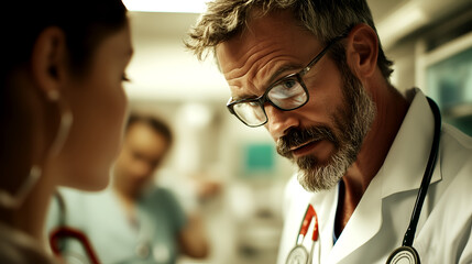 Senior surgeon focused during surgery, experienced doctor in operating room, medical teamwork with surgeon wearing surgical mask and scrubs