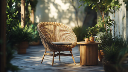Obraz premium A natural wicker chair with detailed woven patterns, accompanied by a small wooden table, placed on a garden terrace with plants and soft lighting, cozy and elegant.
