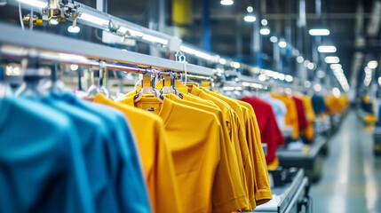 Yellow and Blue Shirts Hanging on a Rack in a Factory