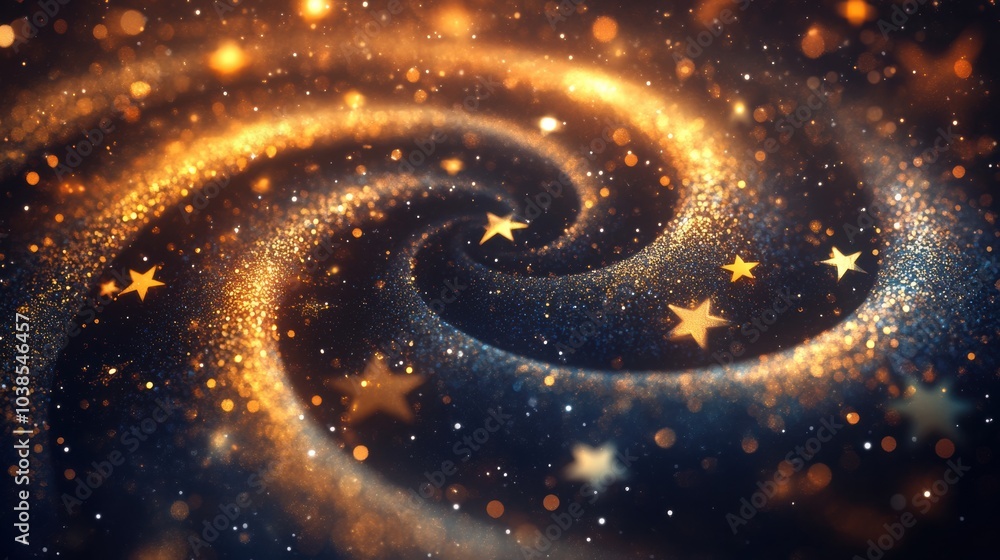 Poster Golden spirals and stars intertwine against a dark backdrop, embodying an abstract festive spirit with light and shadow dynamics. Generative AI