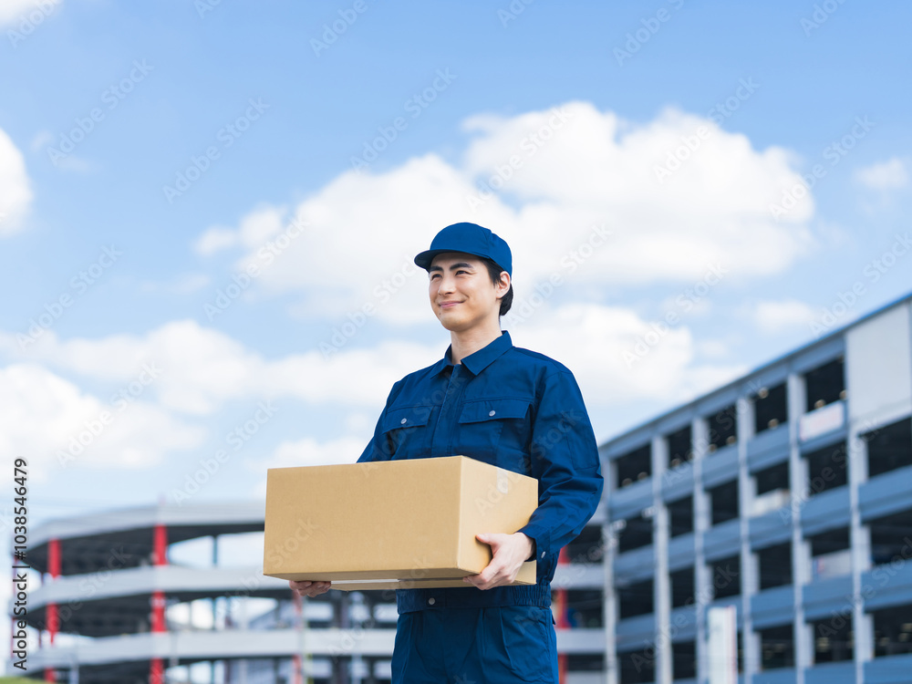 Leinwandbilder デリバリー、配達、運送業、荷物、物流、男性、日本人、工場、配送センター、物流センター、建物、企業、アルバイト、仕事、職業、青空、爽やか、笑顔、見上げる、転職、セールスドライバー、駐車場、建設、ダンボール、宅配、宅急便、宅配便、元気、コピースペース、若い、人材、運ぶ、スタッフ、作業員、届ける、引越し、業者、屋外、産業、ロジスティクス、運送、配送、仕分け、ピッキング、展望、希望、挑戦、チャレンジ、成長