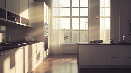 A spacious kitchen with modern equipment, featuring a minimalist design with white cabinetry, dark countertops, and state-of-the-art appliances, soft sunlight streaming in from large windows.