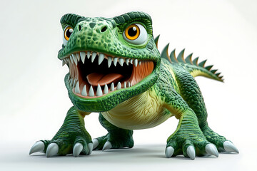 A cartoonish dinosaur with sharp teeth and vibrant colors, showcasing a playful design.