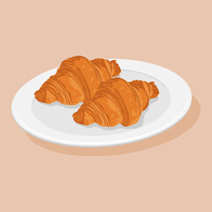 2 Croissant on a Plate Vector Illustration isolated on white background. Croissant. Fresh baking, for menu, cafe, bakery, logo, color and black and white illustration.
