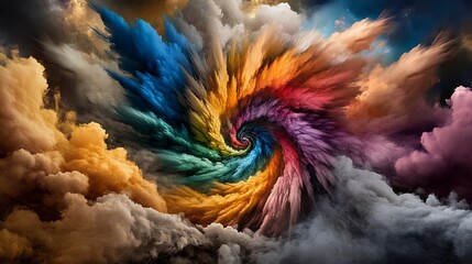 Colorful spiral fractal flower pattern backdrop with blue sky and rainbow clouds