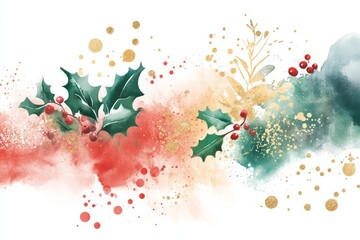 Naklejka premium Festive watercolor illustration featuring holly, berries, and gold accents against a white background.