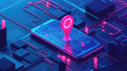 A digital concept featuring a map with virtual boundaries, a location pin, and a smartphone, showcasing how geofencing works for location-aware technology.