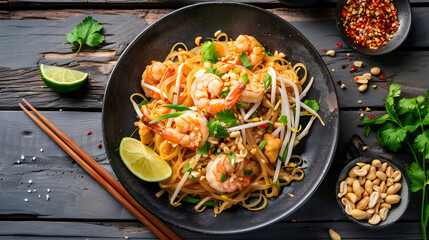 A delicious meal featuring stir-fried vegetables, chicken, shrimp, and rice on a plate with fresh ingredients and vibrant colors, Pad thai