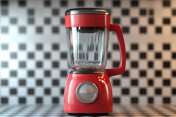 Red countertop blender on a checkered background, perfect for smoothies and kitchen appliances.