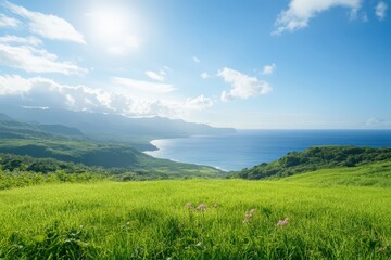 Fototapeta premium Scenic view of lush green mountains and ocean