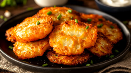 Golden crispy potato rosti garnished with fresh parsley on a black plate, comfort food concept
