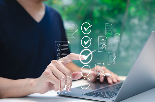 Online assessment and survey concept. A person interacts with virtual checklist on laptop, symbolizing online assessments, surveys, exams, or quizzes. digital evaluation and data collection. fill out,