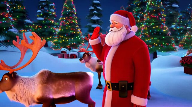 Santa and his elves working in a colorful Christmas workshop, preparing toys for the holiday season
